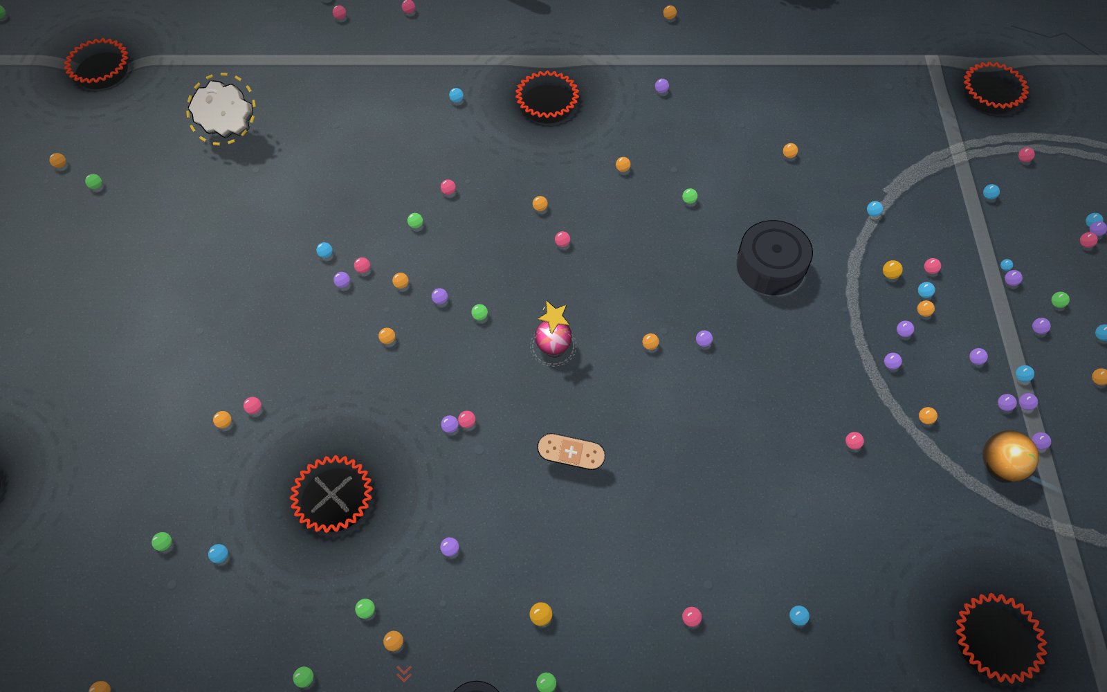 Una partida de MIBS.io: el patio en 3D, canicas de vidrio, mibs de colores para recoger y hoyos con borde bermellón